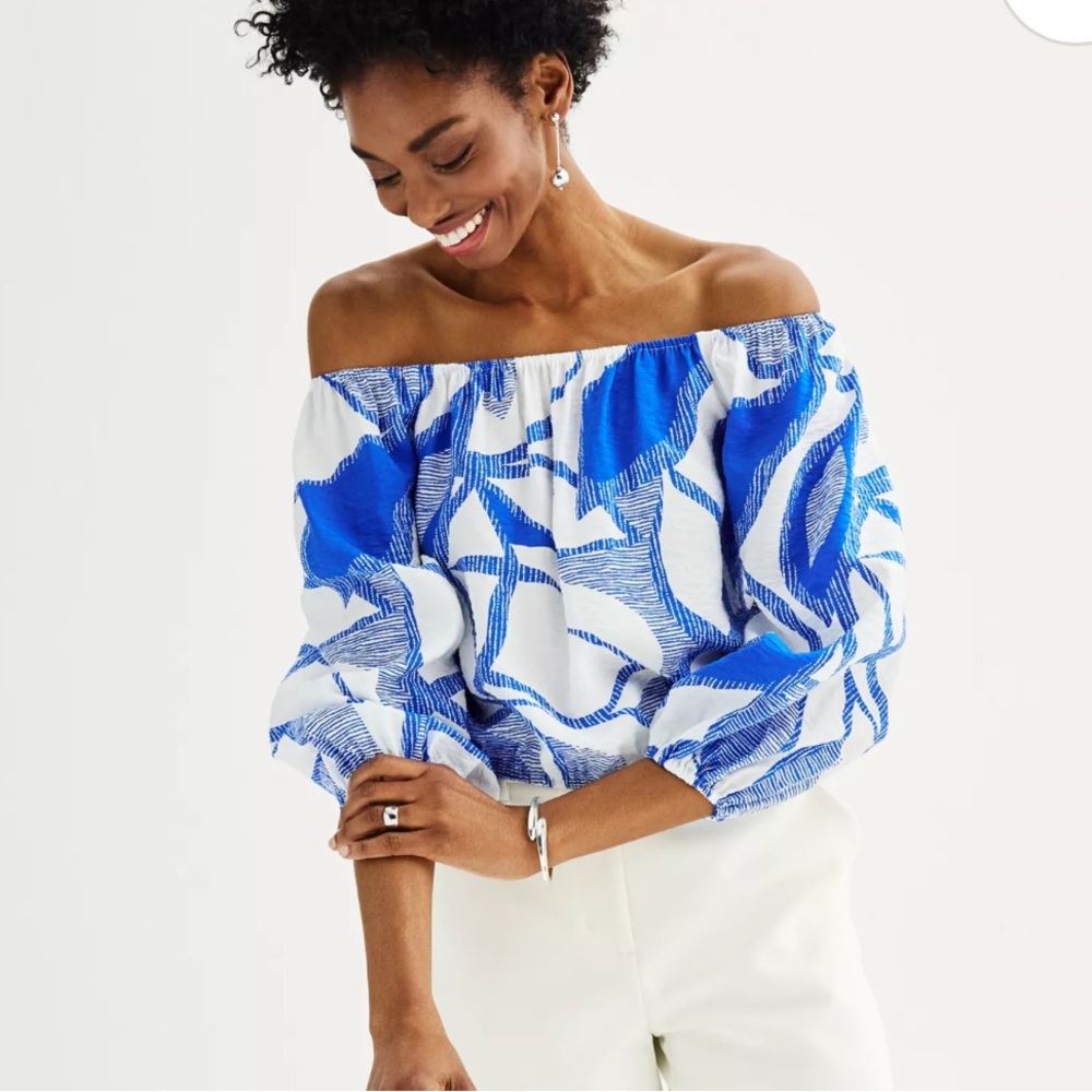 Nine West Blue & White Off-Shoulder Peasant Top
